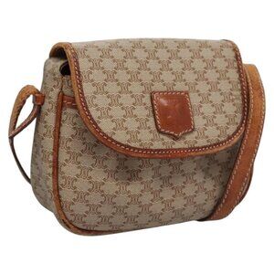 Authentic CELINE Macadam Canvas Shoulder Bag PVC Leather Beige